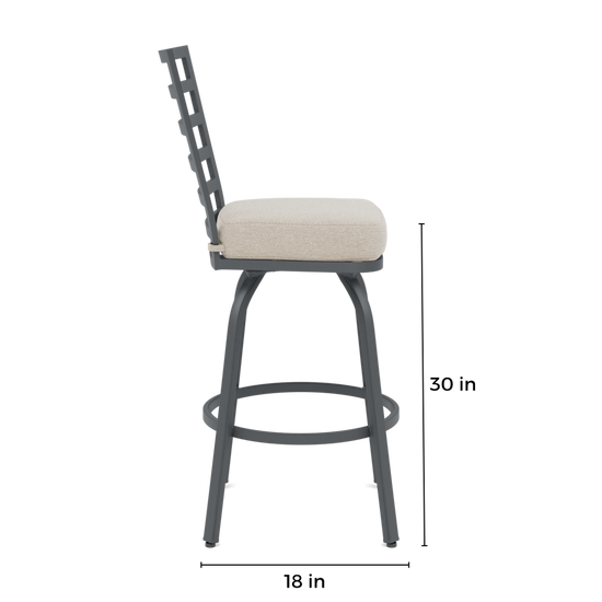 Side view of a bar stool with a dark gray metal frame, a light beige upholstered seat cushion, and dimension labels showing 30 in height and 18 in width on a white background.