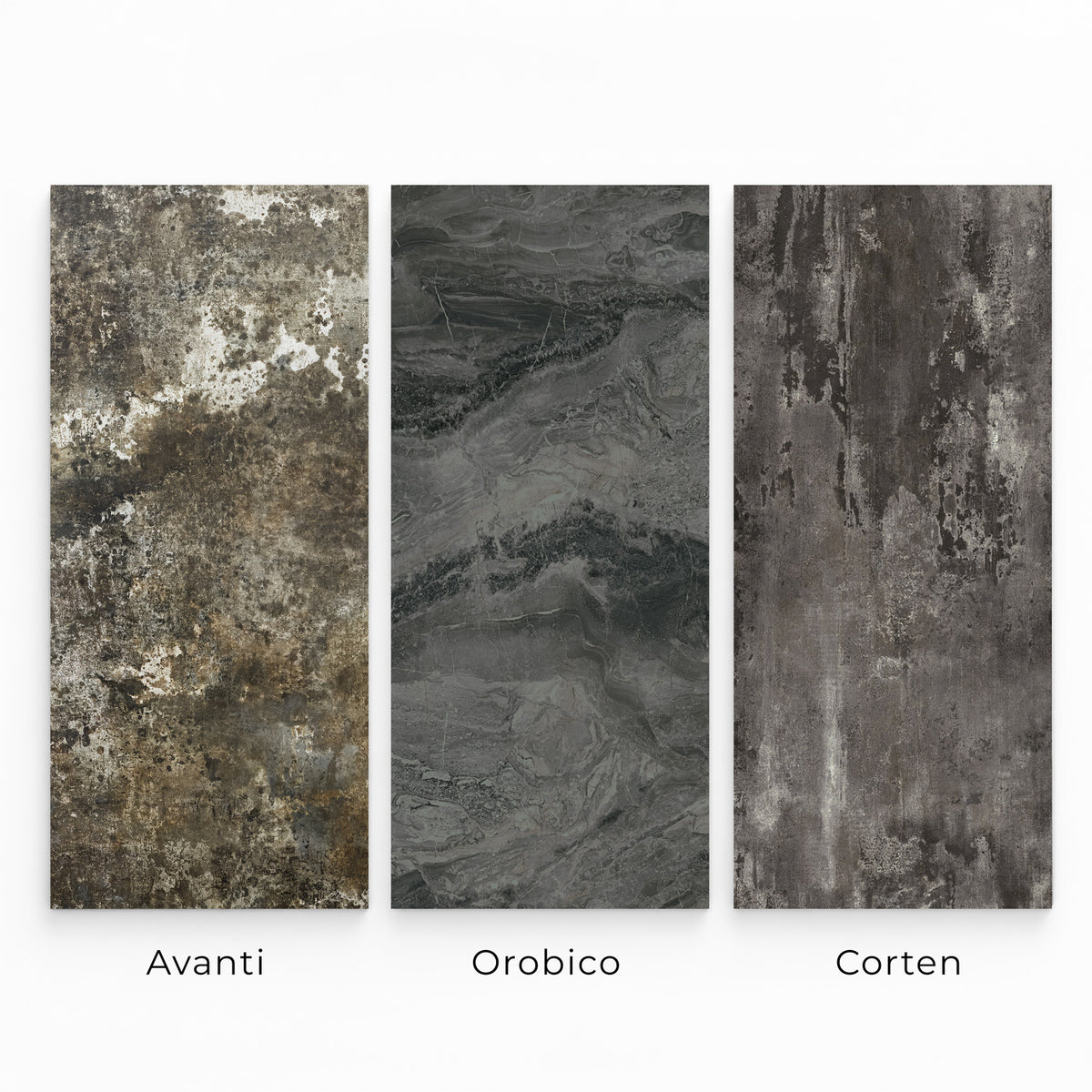 Bliss sintered stone tabletop options shown left to right: Avanti, Orobico, and Corten.