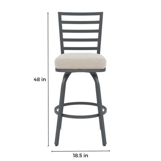 A dark gray bar stool with a cream upholstered seat cushion, shown with dimension lines indicating a height of 48 inches and a base width of 18.5 inches.