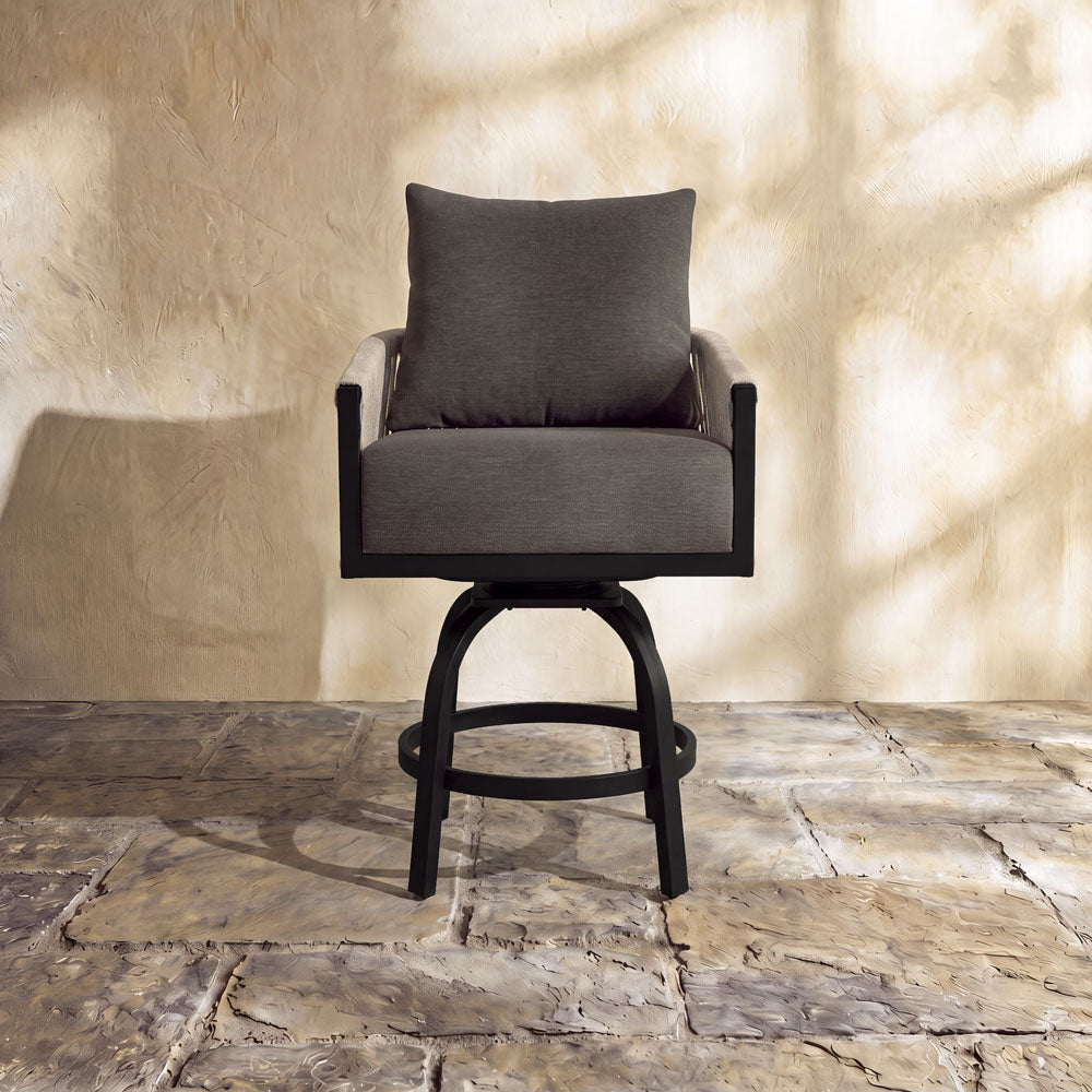 Paddy O' Furniture Resort balcony chair with charcoal grey upholstery and light grey rope accents.