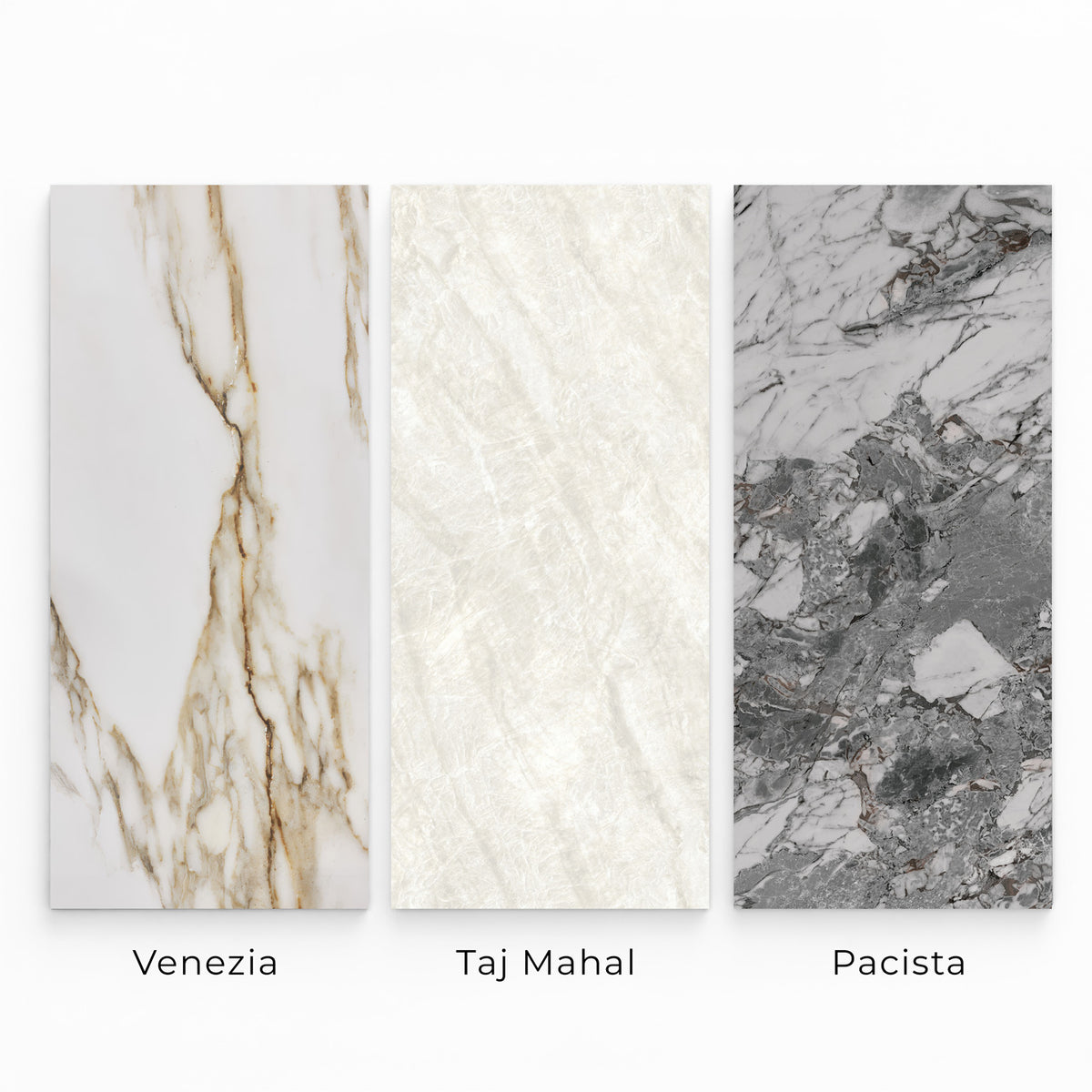 Bliss sintered stone tabletop options shown left to right: Venezia, Taj Mahal, and Pacista.
