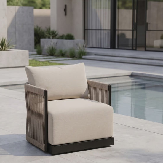 Paddy O' Furniture Resort Club Swivel Chair with customizable Bliss cushions for outdoor relaxation.