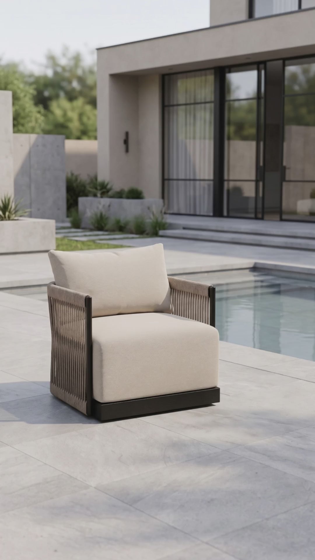 Paddy O' Furniture Resort Club Swivel Chair with customizable Bliss cushions for outdoor relaxation.