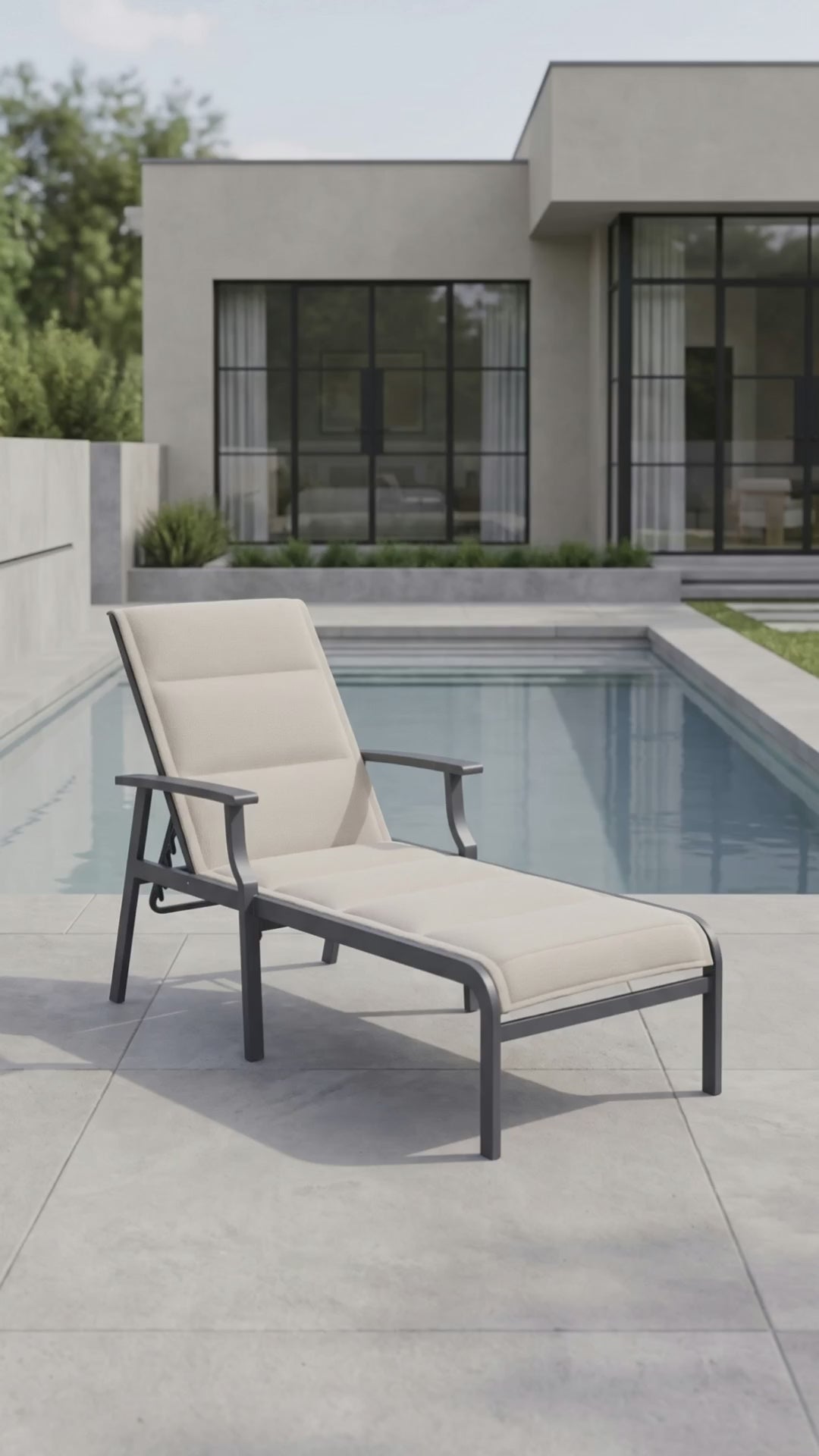 Rockport padded sling chaise lounge by Paddy O' Furniture, designed for refined outdoor relaxation.