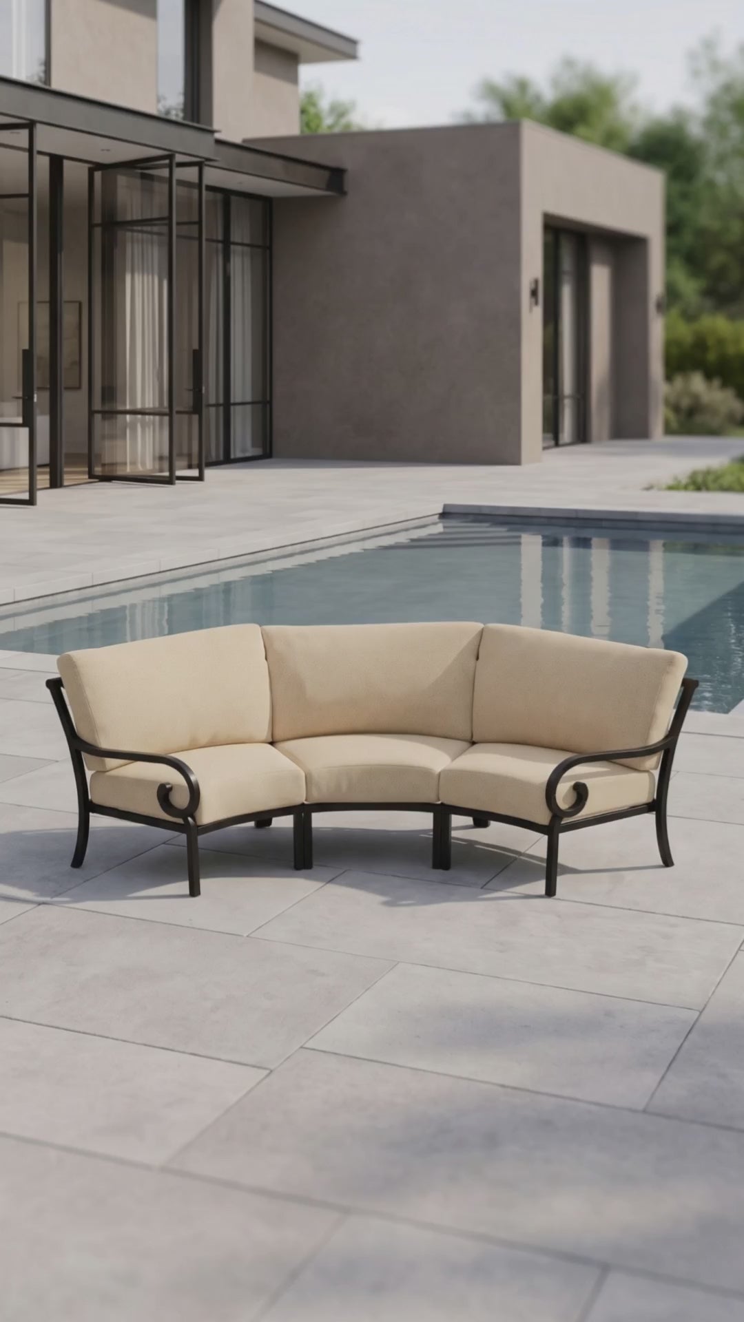 Rancho 3-seat curved sectional with Bliss cushions by Paddy O' Furniture.