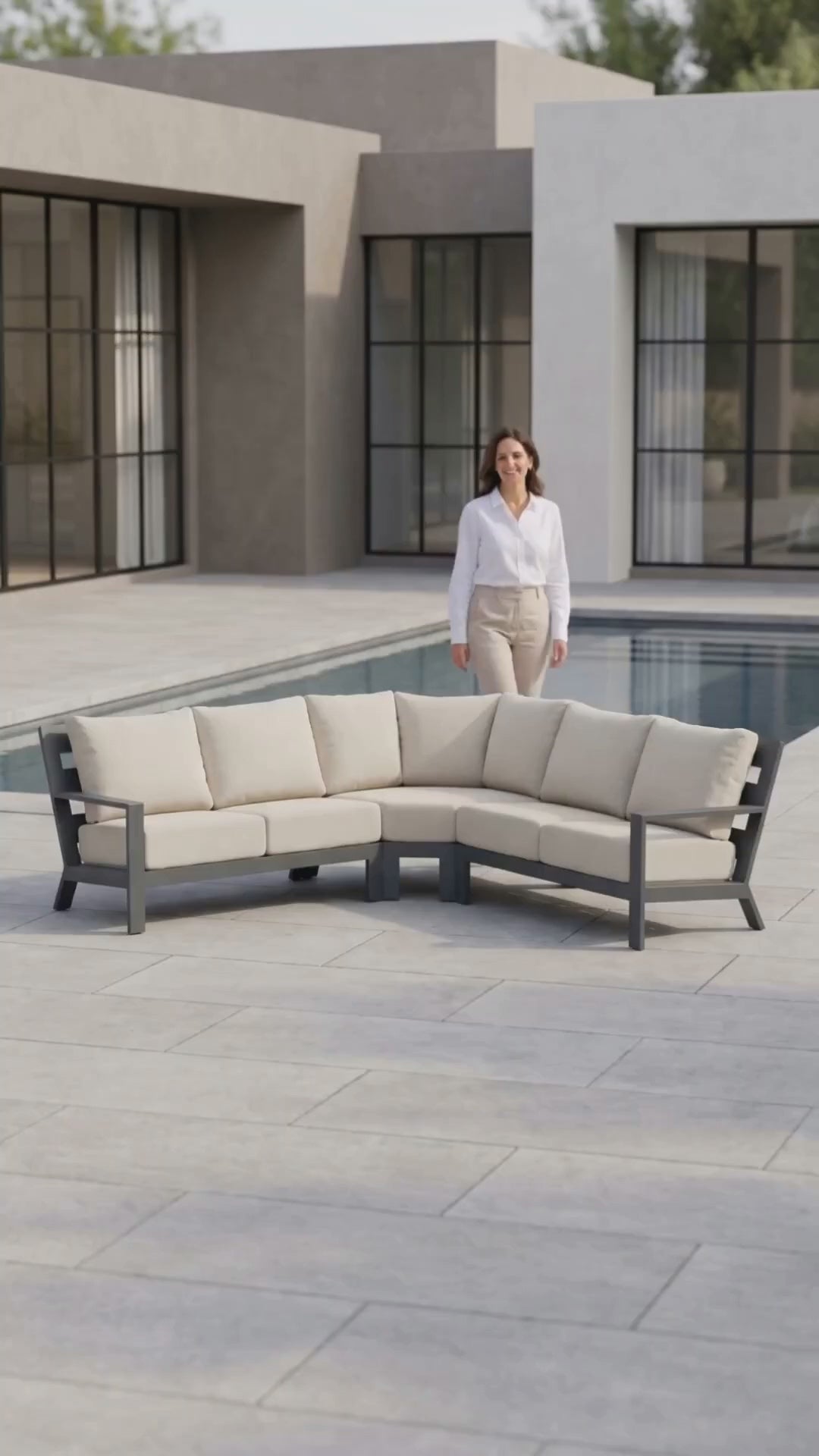 Paddy O' Furniture Peninsula 6-seat sectional patio set featuring Bliss cushions for outdoor relaxation.