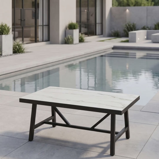 Paddy O' Furniture minimalist outdoor rectangular coffee table with a durable architecturally inspired base
