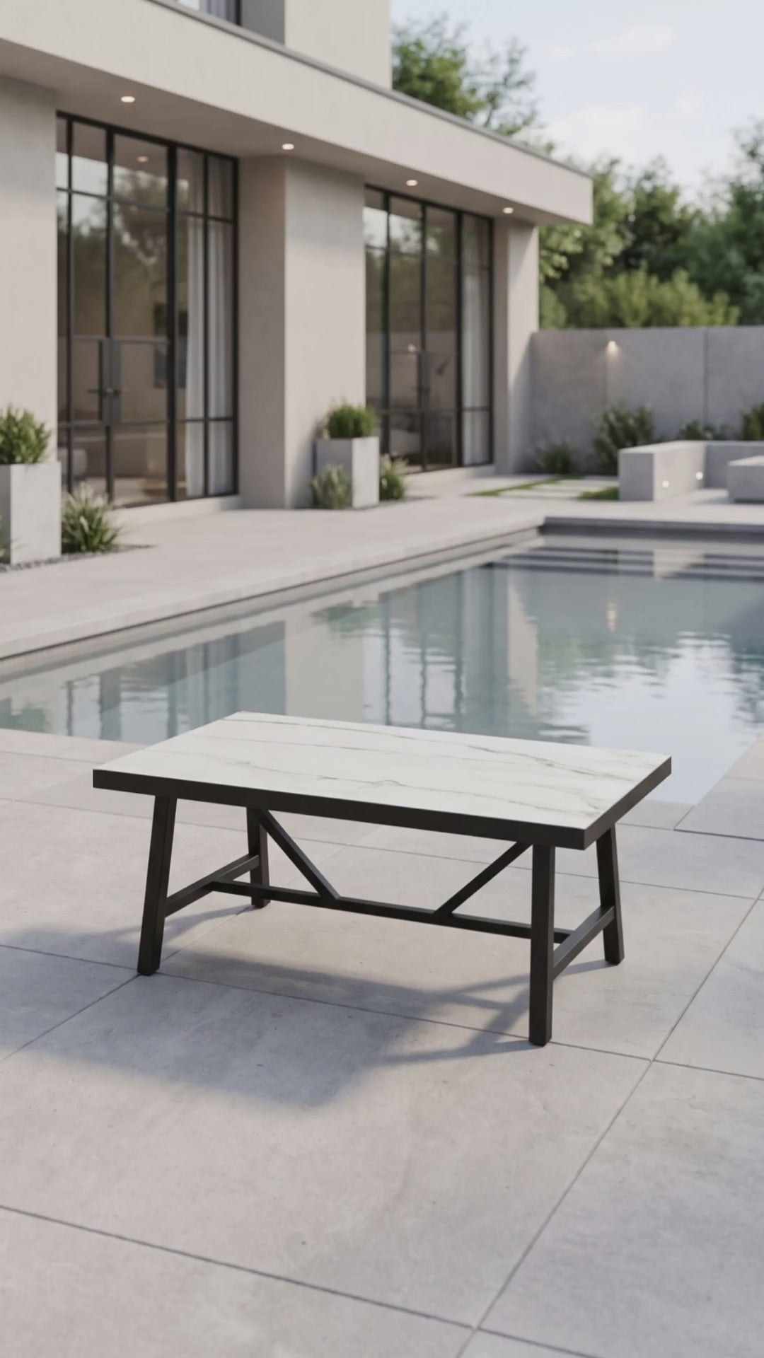 Paddy O' Furniture minimalist outdoor rectangular coffee table with a durable architecturally inspired base