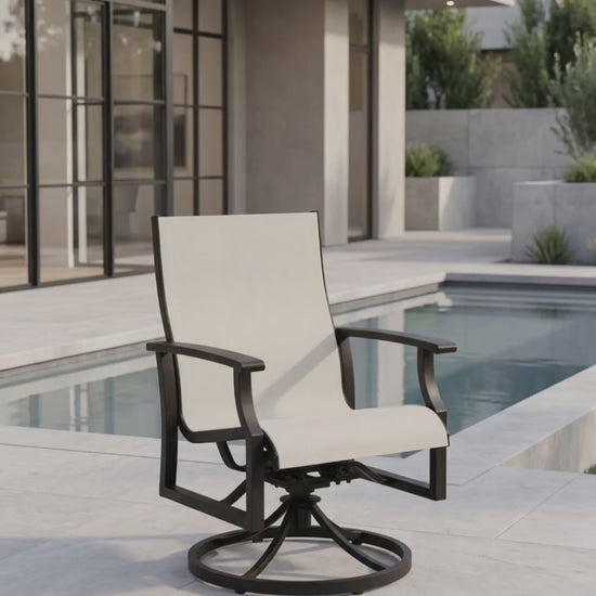 Paddy O' Furniture Newport Sling Swivel Dining Chair with a modern sleek frame and breathable mesh.