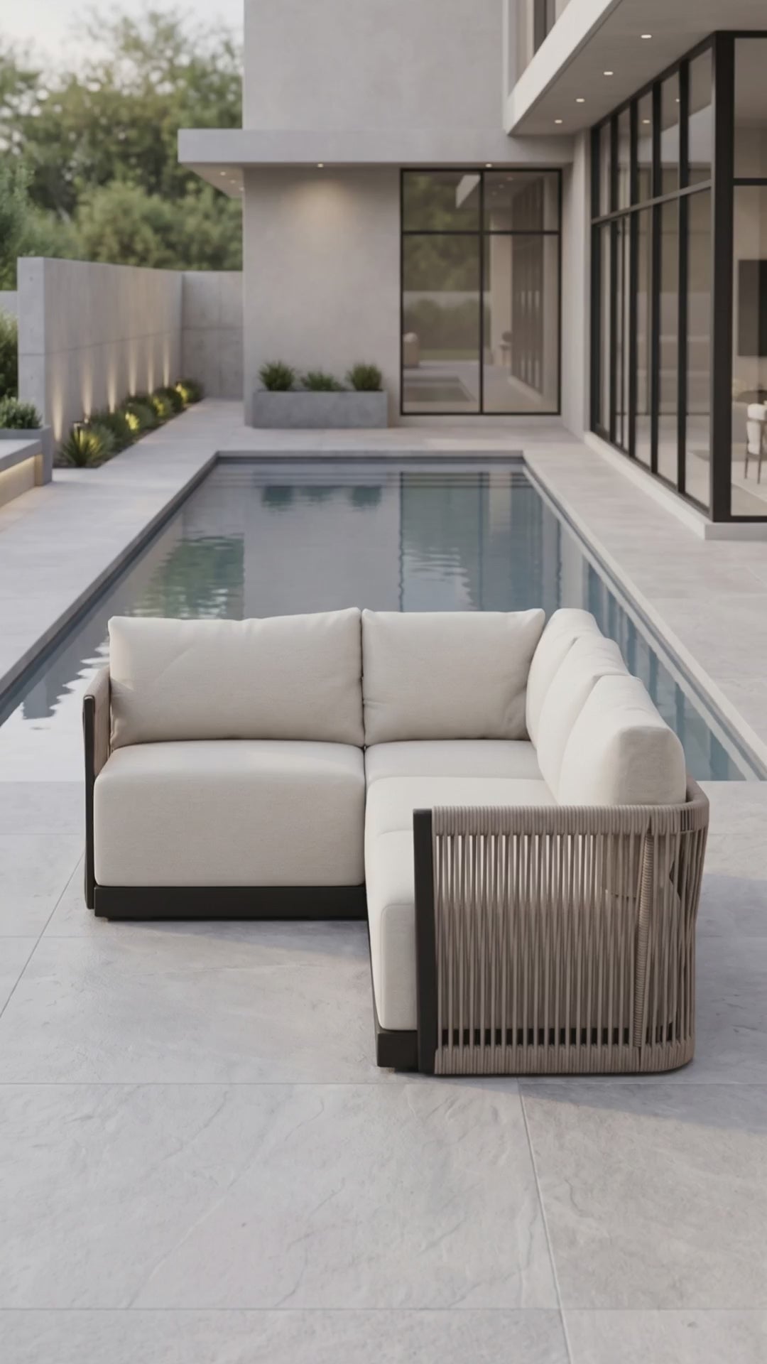The Resort 4-Seat Sectional from Paddy O' Furniture features plush cushions in an outdoor patio setting.