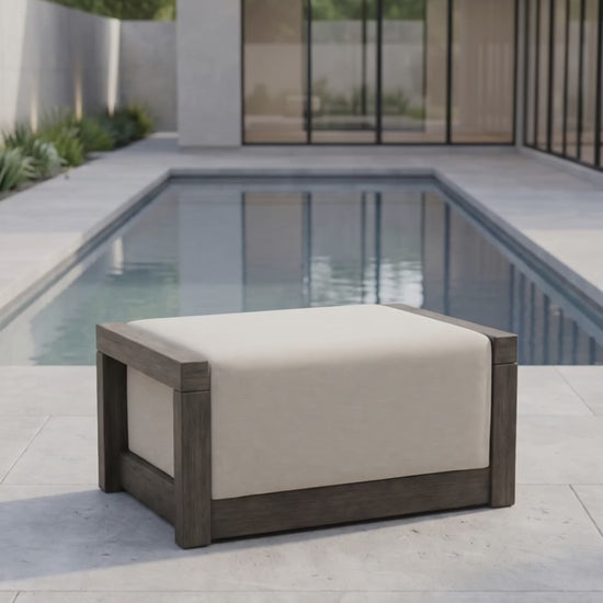 Paddy O' Furniture Frame Ottoman featuring a minimalist silhouette and outdoor Bliss cushions.