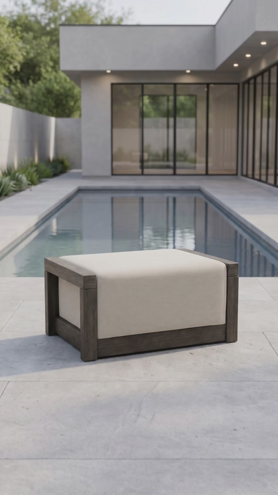 Paddy O' Furniture Frame Ottoman featuring a minimalist silhouette and outdoor Bliss cushions.
