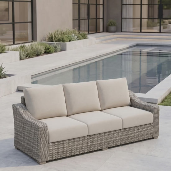 Loire Valley outdoor sofa with cushions by Paddy O' Furniture.
