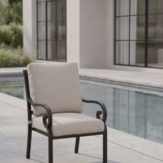 Enjoying an unhurried outdoor meal in the beautifully sculpted Rancho dining chair with Bliss cushions.