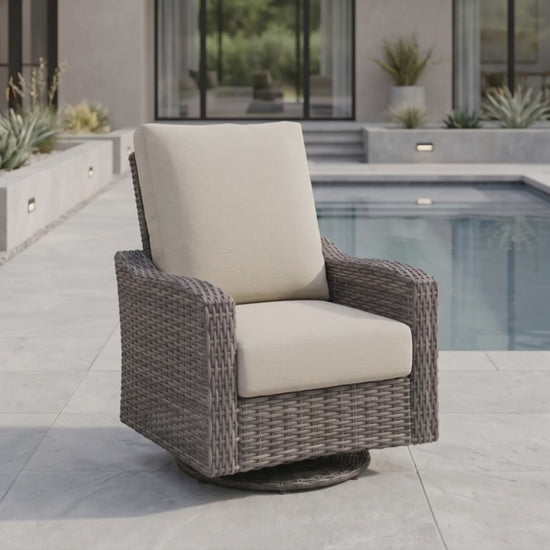 Edge Hill Club swivel glider chair with all-weather wicker frame and beige weather-resistant cushions