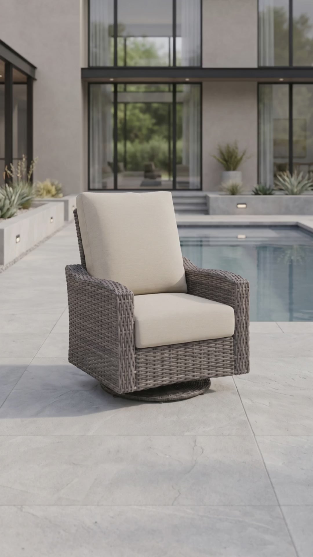 Edge Hill Club swivel glider chair with all-weather wicker frame and beige weather-resistant cushions