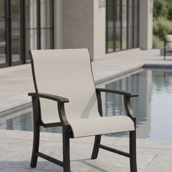 Newport sling dining chair with a white sling and a ombre finished frame.