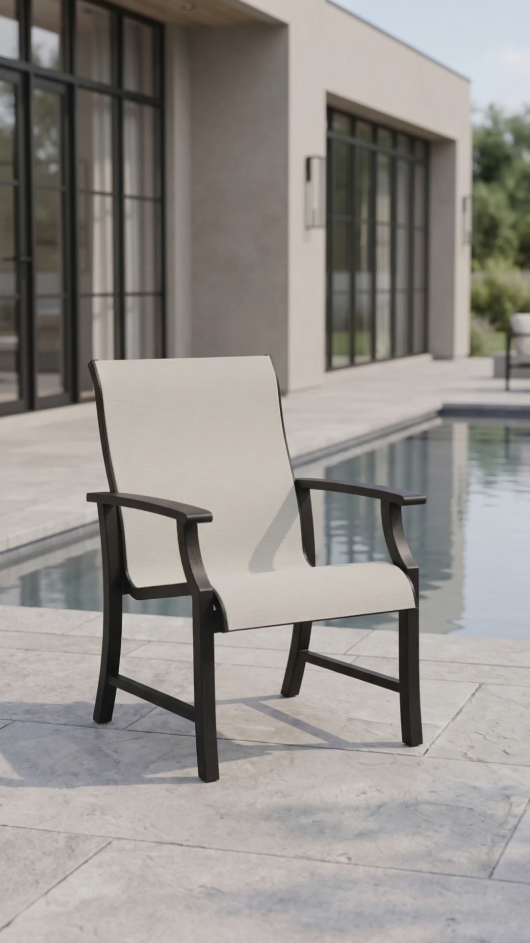 Newport sling dining chair with a white sling and a ombre finished frame.