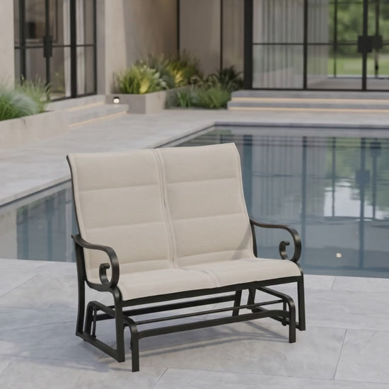 Rancho Padded Sling Double Glider in soft Bliss fabric by Paddy O' Furniture