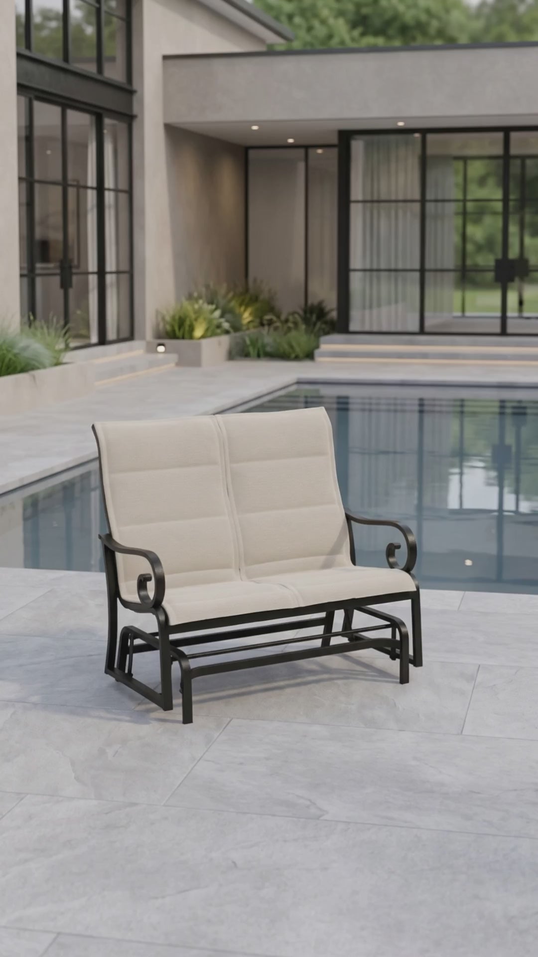 Rancho Padded Sling Double Glider in soft Bliss fabric by Paddy O' Furniture