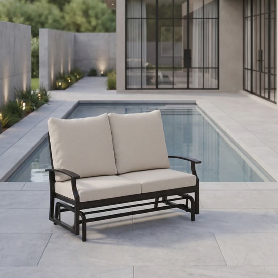 Paddy O' Furniture Newport Double Glider with Bliss cushions, offering smooth motion and timeless outdoor style.