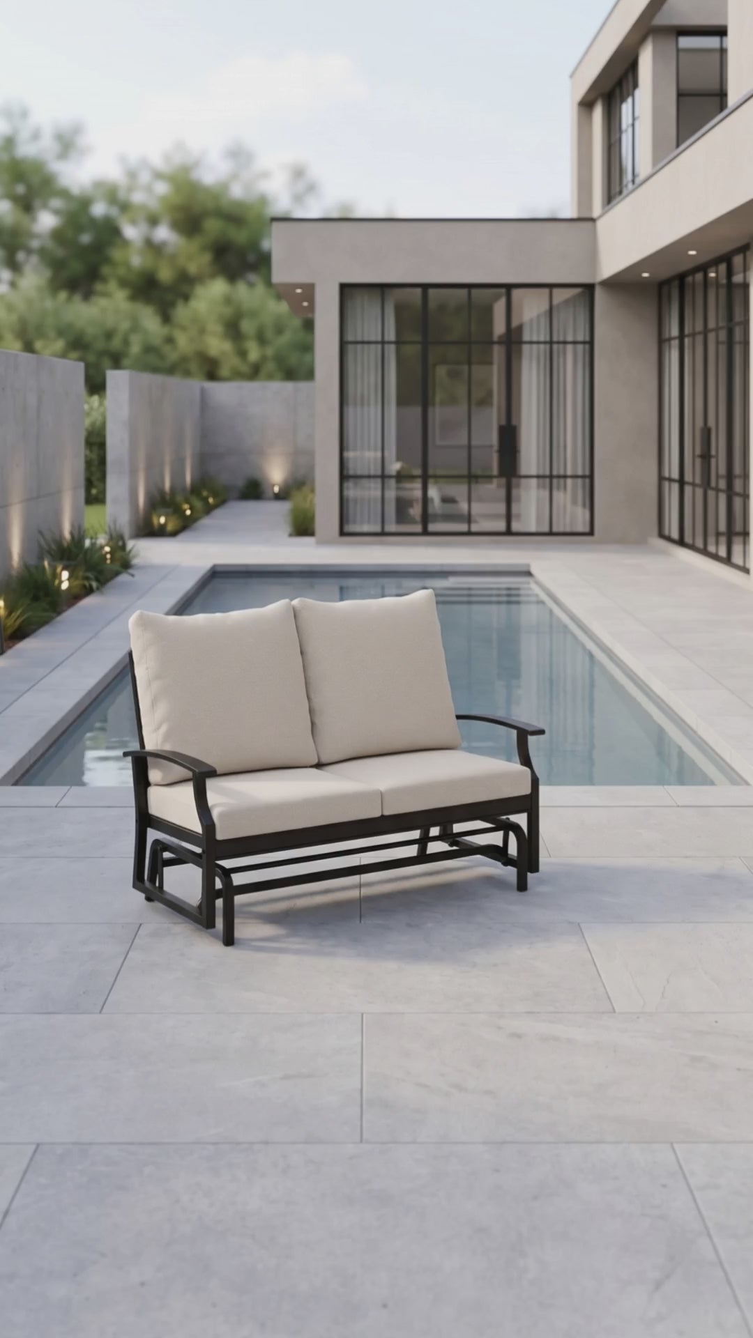 Paddy O' Furniture Newport Double Glider with Bliss cushions, offering smooth motion and timeless outdoor style.