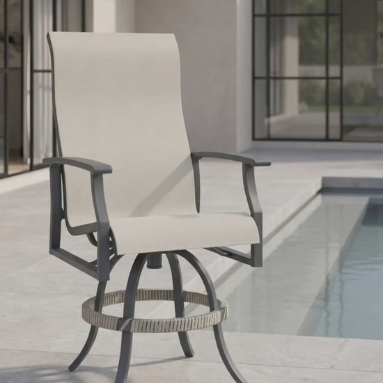 Modern swivel balcony chair with breathable mesh sling fabric.