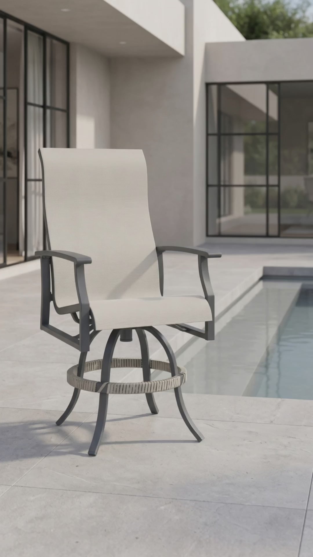 Modern swivel balcony chair with breathable mesh sling fabric.