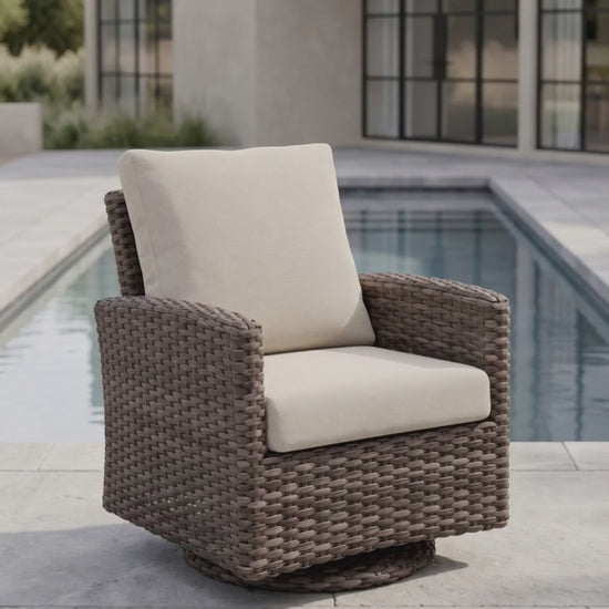 Malibu Club swivel chair with Bliss cushions on an outdoor patio, by Paddy O' Furniture.