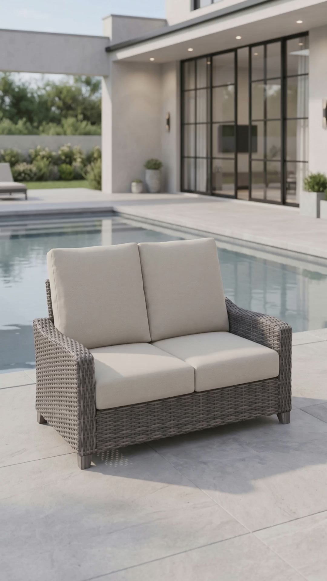 Paddy O' Furniture Edge Hill Loveseat featuring deep cushions for outdoor patio relaxation.