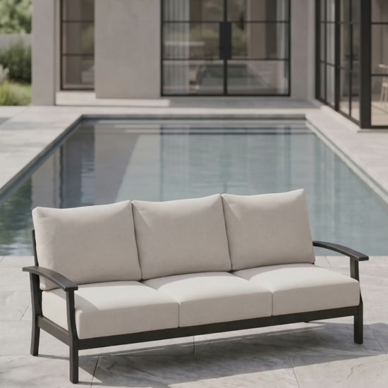 Paddy O' Furniture Newport outdoor sofa featuring deep Bliss cushions.