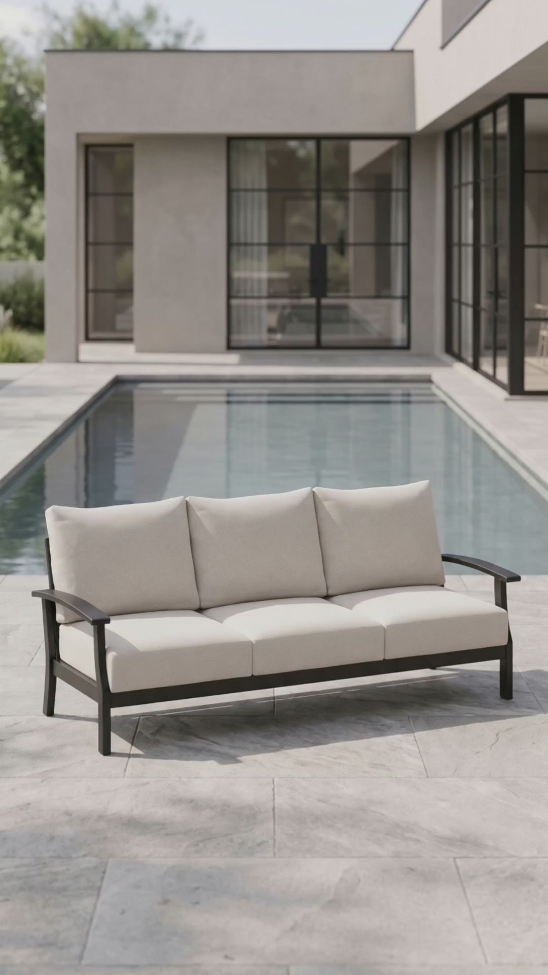 Paddy O' Furniture Newport outdoor sofa featuring deep Bliss cushions.