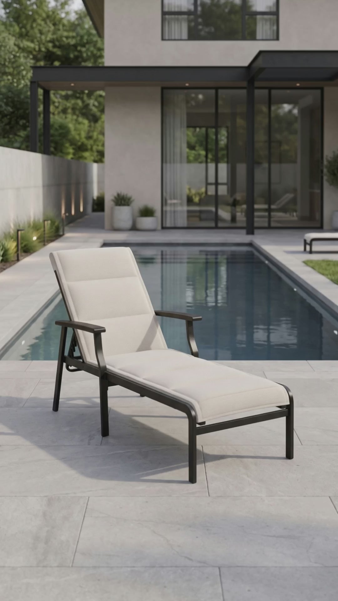 Paddy O' Furniture Newport padded sling chaise lounge for luxury outdoor living.