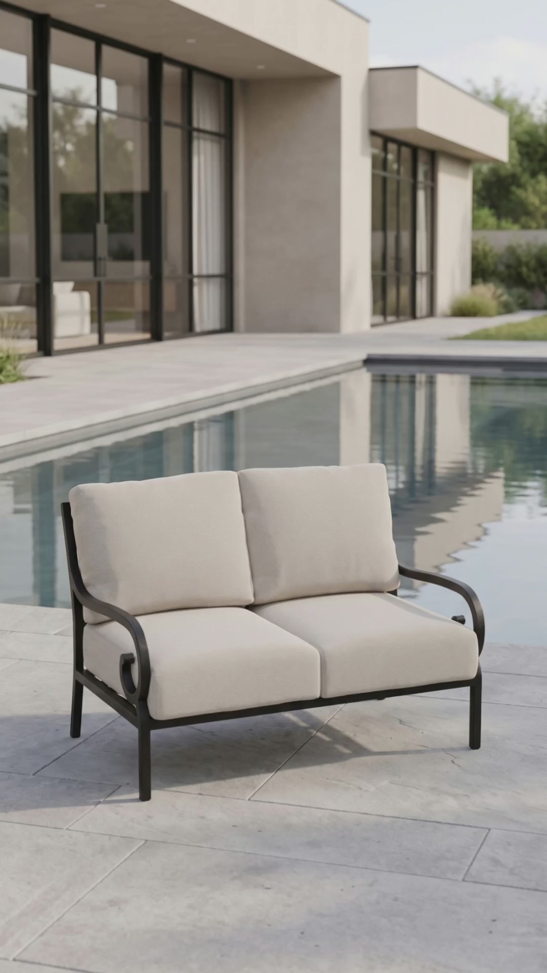 Paddy O' Furniture Rancho Loveseat with comfortable Bliss cushions for patio or terrace.