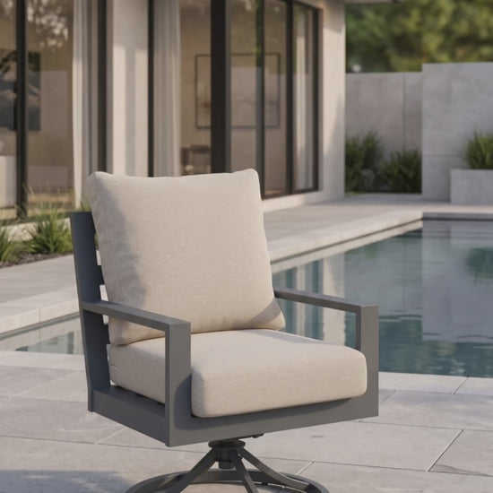 Peninsula swivel outdoor dining chair with gray aluminum frame, 360-degree swivel base, and beige weather-resistant cushions