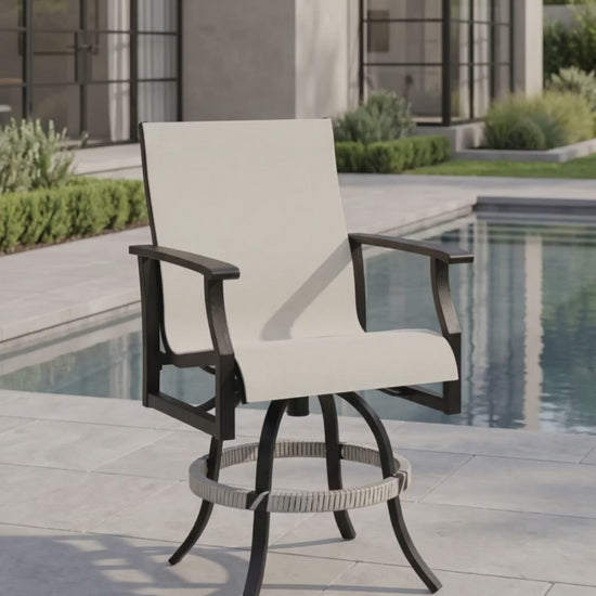 The Newport Sling Swivel Balcony Chair featuring breathable mesh and a smooth swivel frame.