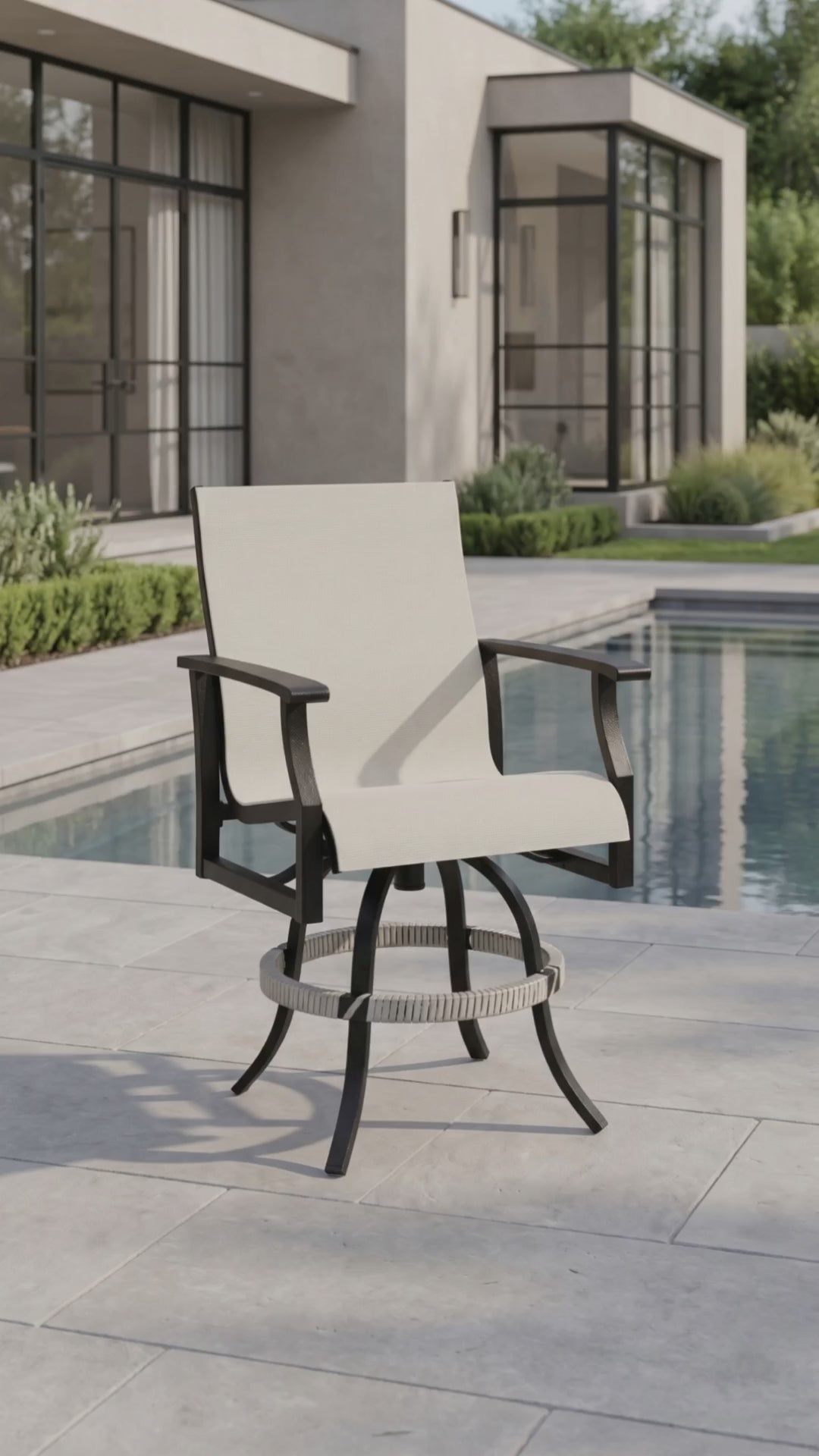 The Newport Sling Swivel Balcony Chair featuring breathable mesh and a smooth swivel frame.