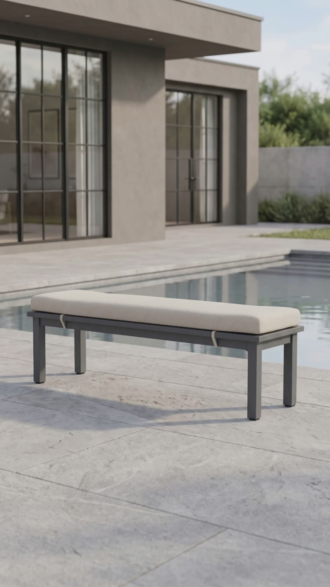 Paddy O' Furniture backless outdoor bench with clean lines, a minimalist profile, and a plush cushion.