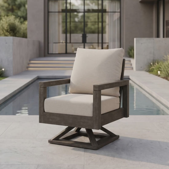 Paddy O' Furniture Lakeside Club swivel chair with Bliss cushions outdoors.