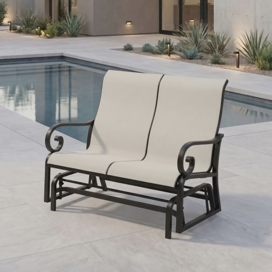Rancho Sling Double Glider outdoor patio bench by Paddy O' Furniture.