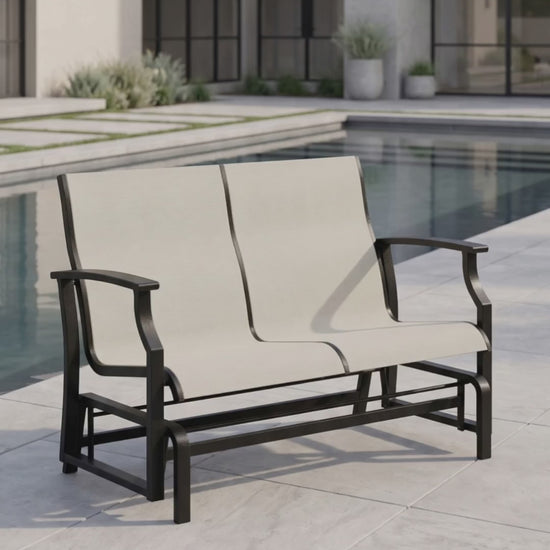 Paddy O' Furniture Newport Sling Double Glider outdoor motion seat.