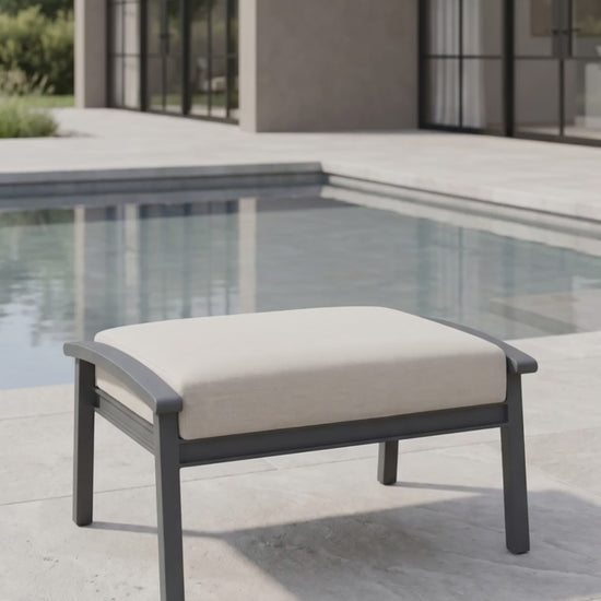 Low-profile Rockport patio ottoman with Bliss cushion by Paddy O' Furniture