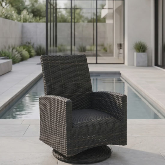 Paddy O' Furniture Ventura woven dining swivel rocker chair with built-in cushioning.