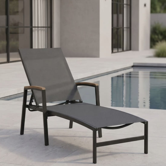 Paddy O' Furniture Mission Sling Chaise Lounge offers outdoor relaxation with breathable mesh and sleek modern lines.