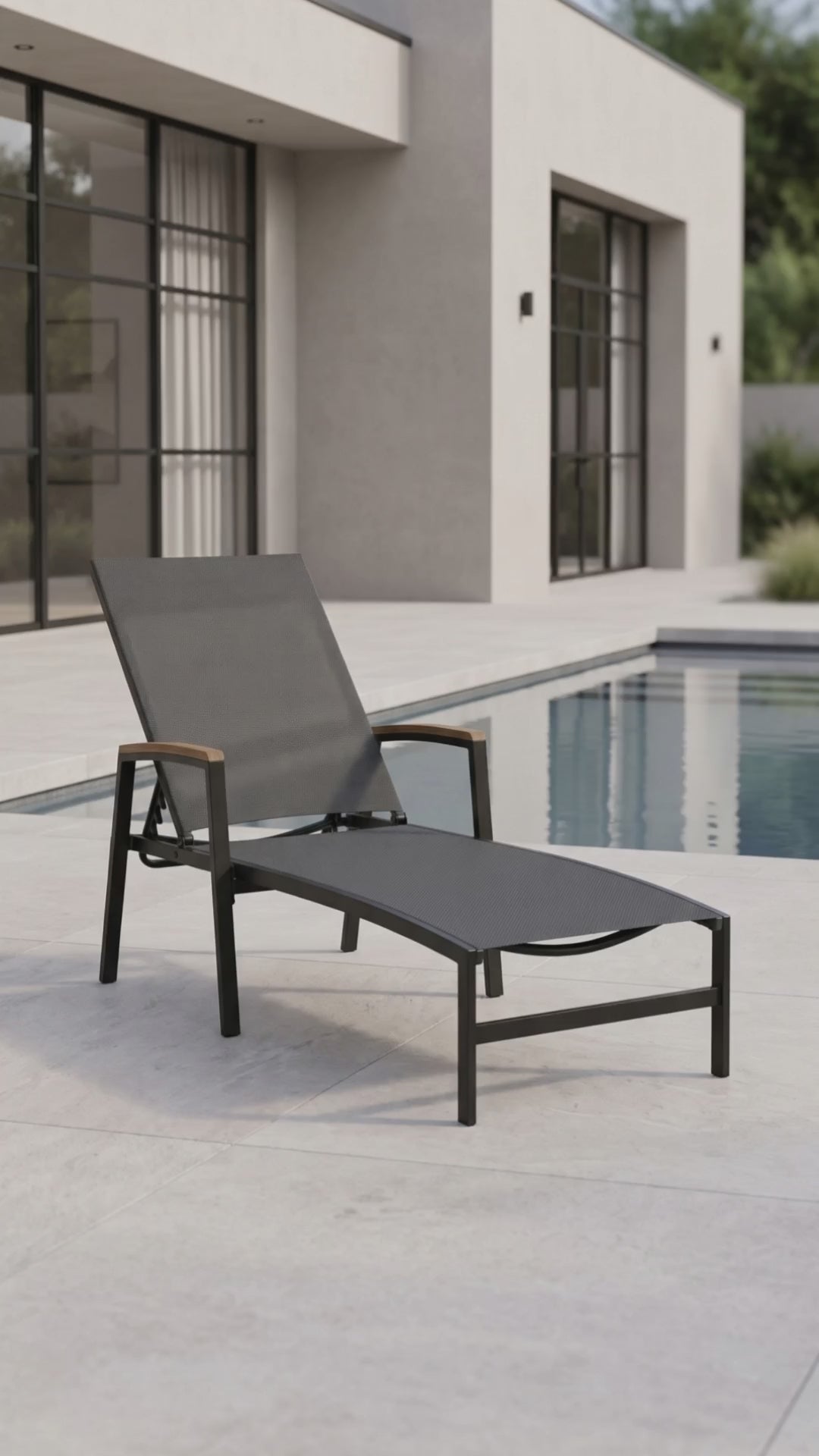 Paddy O' Furniture Mission Sling Chaise Lounge offers outdoor relaxation with breathable mesh and sleek modern lines.