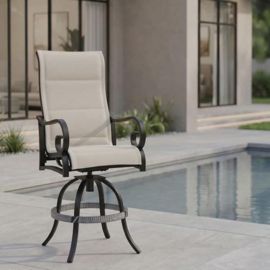 Paddy O' Furniture Rancho padded sling swivel balcony chair with a sophisticated frame and soft bliss fabric.