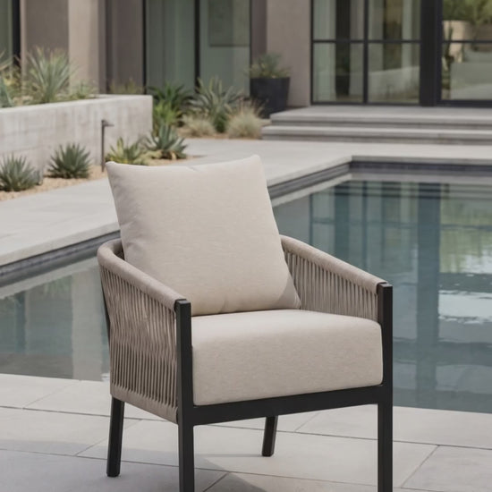 Premium outdoor Resort dining chair by Paddy O' Furniture featuring sleek frame design and comfortable Bliss cushions.
