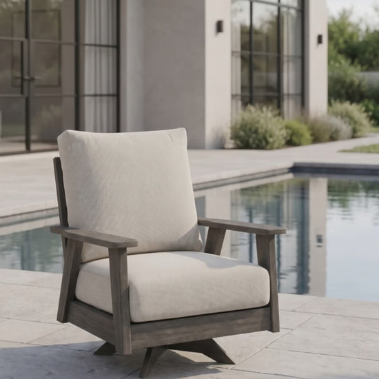 Outdoor club chair with HDPE gray lumber and oatmeal bliss cushions.