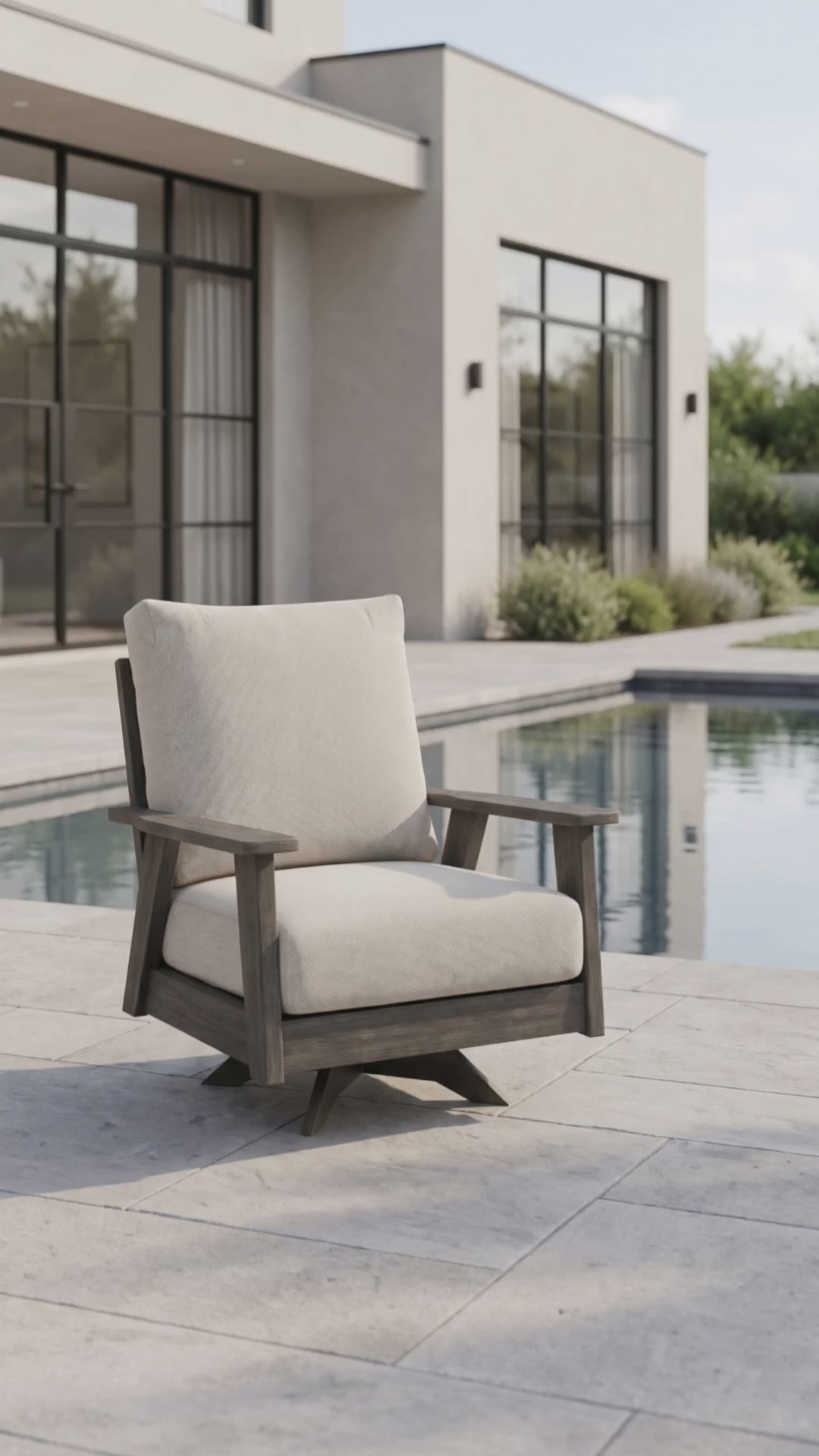 Outdoor club chair with HDPE gray lumber and oatmeal bliss cushions.