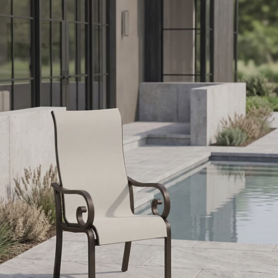 Paddy O' Furniture Rancho Sling dining chair featuring a sleek frame and breathable mesh.